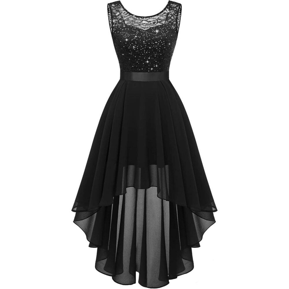 BeryLove Women Black Chiffon Scoop Neck Sleeveless Lace Cocktail Formal Dresses